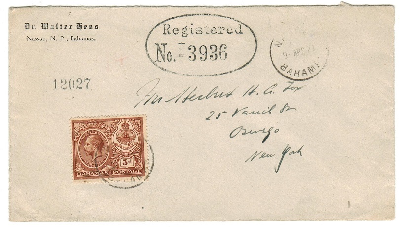 BAHAMAS - 1921 registered cover to USA with rare oval REGISTERED/No. h/s (type RO3).