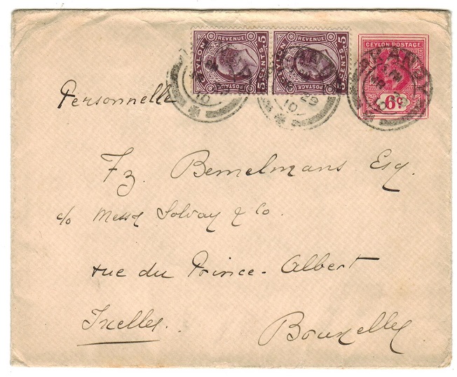 CEYLON - 1907 6c carmine rose PSE uprated to France and used at KANDY. H&G 35.