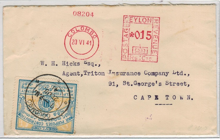 CEYLON - 1941 meter mark cover to South Africa with WAR PURPOSES CONTRIBUTION label.
