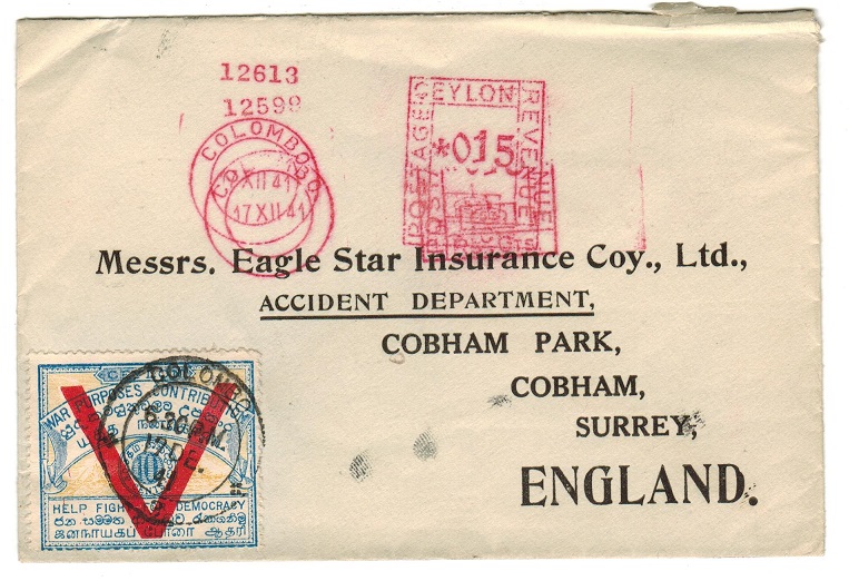 CEYLON - 1941 meter mark cover to UK with WAR PURPOSERS CONTRIBUTION (V-for victory) label.
