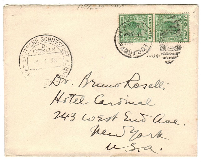 BAHAMAS - 1934 cover to USA carried by DEUTSCHE SCHIFFSPOST with NEW YORK/PAQUEBOT strike.