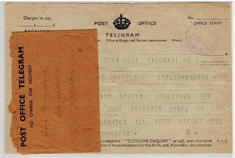 GOLD COAST - 1944 inward TELEGRAM from TAKORADI with envelope.