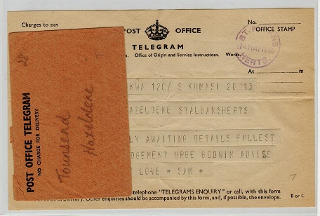 GOLD COAST - 1946 inward TELEGRAM from KUMASI with envelope.
