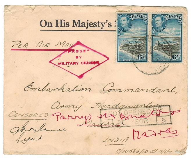 CEYLON - 1941 cover to India with PASSED/BY/MILITARY CENSOR h/s.