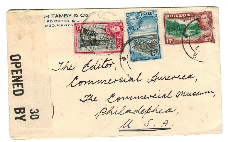 CEYLON - 1941 censor cover to USA.