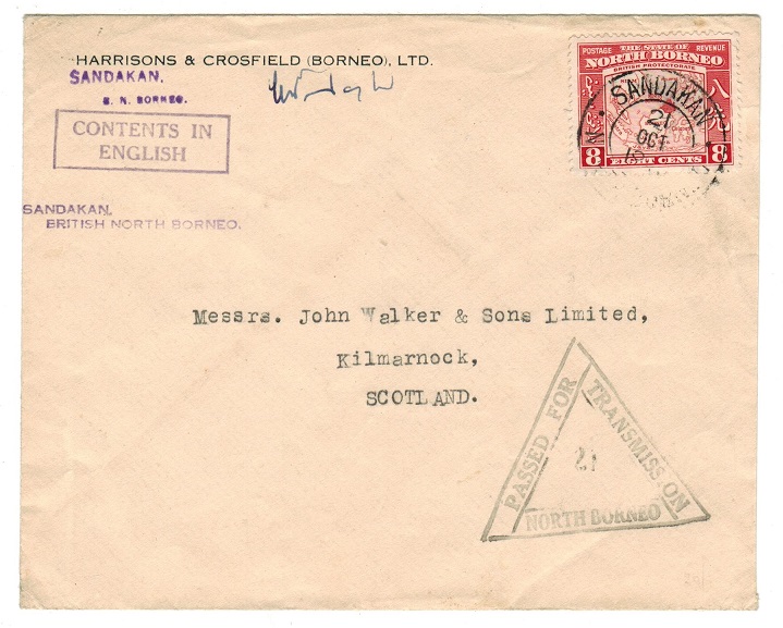 NORTH BORNEO - 1941 censor cover to UK used at SANDAKAN.
