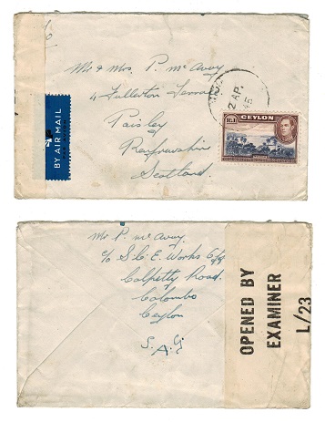 CEYLON - 1945 R1 rate censored cover to UK.