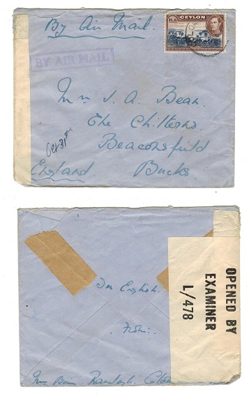 CEYLON - 1944 censored cover to UK used at COLOMBO.