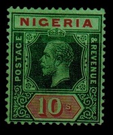 NIGERIA - 1921 10/- green and red on emerald mint.  SG 11d.