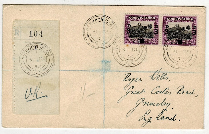 PENRHYN - 1940 3d on 1 1/2d surcharge pair on registered cover to UK.
