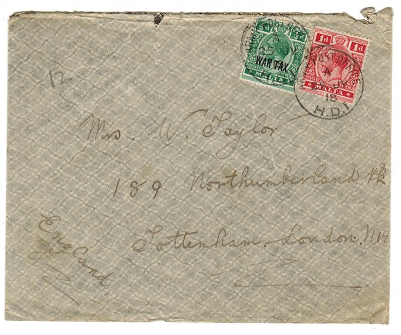 MALTA - 1918 ARMY POST/H.D.1 cover to UK with 1/2d 