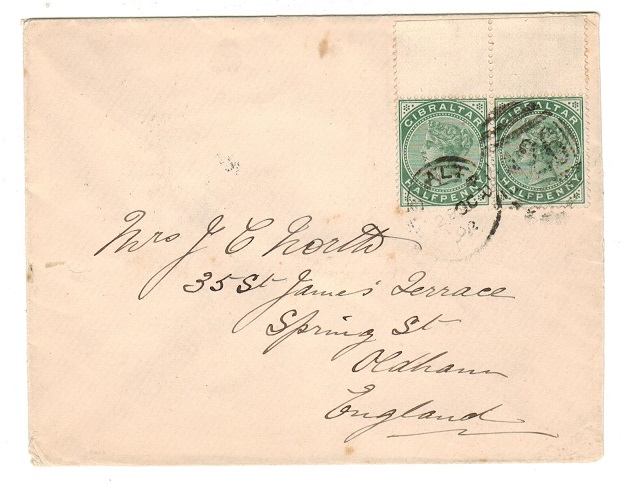GIBRALTAR - 1902 QV 5c pair on cover to UK.