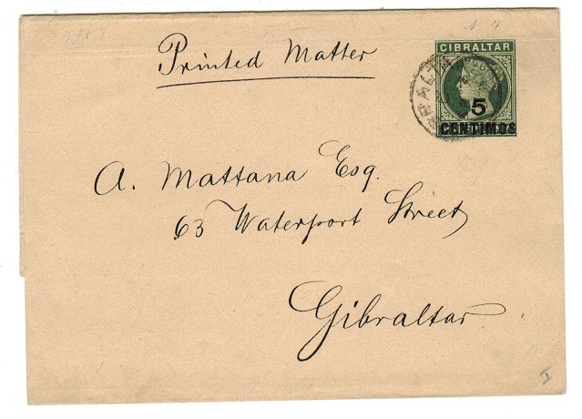 GIBRALTAR - 1899 5 CENTIMOS on 1/2d green postal stationery wrapper used locally.  H&G 4.