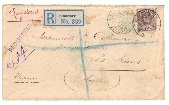 GOLD COAST - 1923 6d rate registered cover to France used at SECCONDEE.