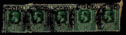 NIGERIA - 1914 1/2d green strip of five cancelled GOVT-TELS/NIGERIA.  