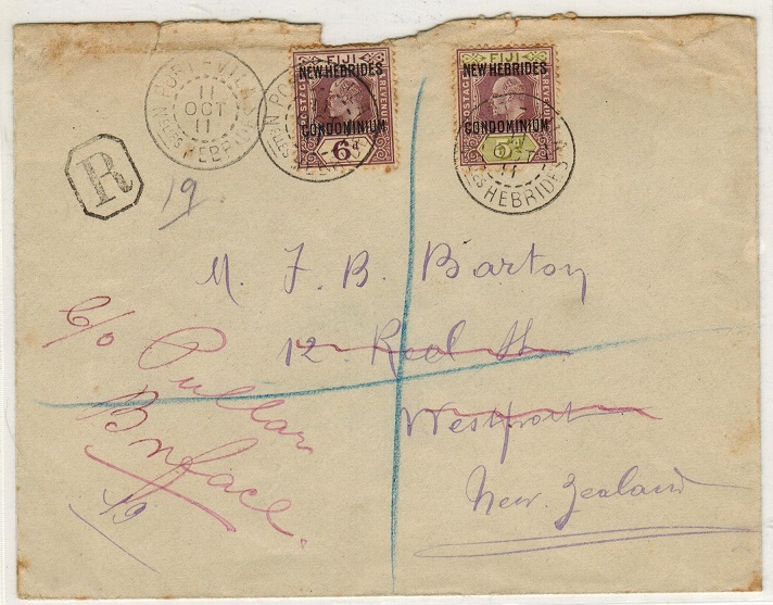NEW HEBRIDES - 1911 registered cover to New Zealand with 5d+6d adhesives tied PORT VILA.