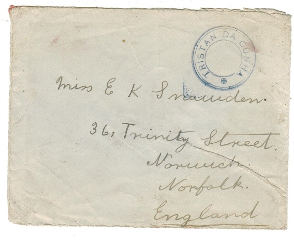 TRISTAN DA CUNHA - 1929 (circa) stampless cover to Uk with SG C6 handstamp applied in blue.