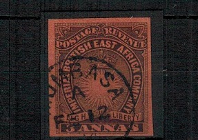 BRITISH EAST AFRICA - 1893 3a black and red IMPERFORATE single cancelled MOMBASSA.  SG 8ab.
