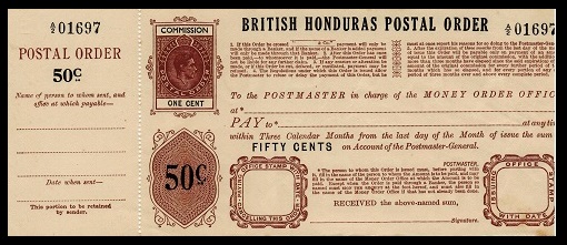 BRITISH HONDURAS - 1937 50c+1c POSTAL ORDER unused.  