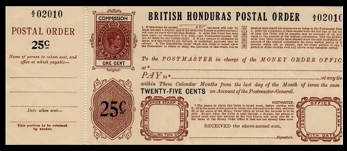 BRITISH HONDURAS - 1937 25c+1c POSTAL ORDER unused.