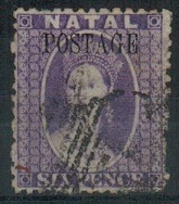 NATAL - 1869 6d lilac overprinted POSTAGE in used condition.  SG 29.