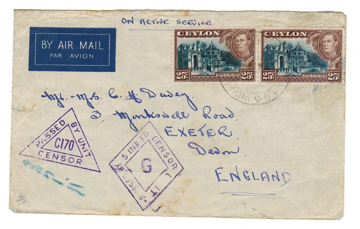 CEYLON - 1942 Indian military censored cover to UK.
