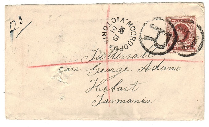 VICTORIA - 1901 registered cover to Tasmania with 5d tied MOOROOPMA.