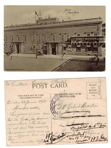 MALTA - 1915 postcard to France showing MARITIME FRANCAISE use.