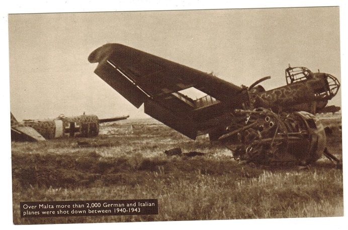 MALTA - 1944 (circa) unused postcard depicting German bomber shot down on Malta.