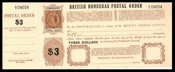 BRITISH HONDURAS - 1953 $3+3c POSTAL ORDER unused.