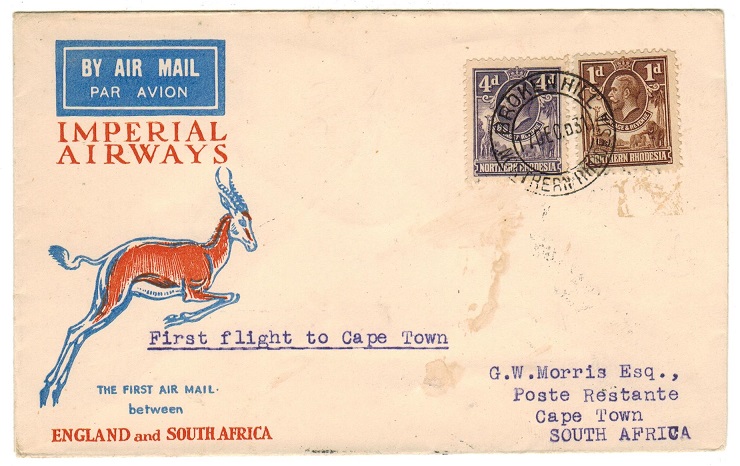 NORTHERN RHODESIA - 1937 first flight cover to Cape Town.
