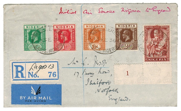 NIGERIA - 1936 multi franked registered first flight cover to UK.
