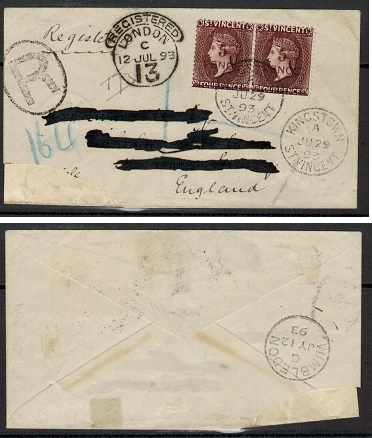 ST.VINCENT - 1893 5d on 4d pair on registered cover (faults) to UK. 