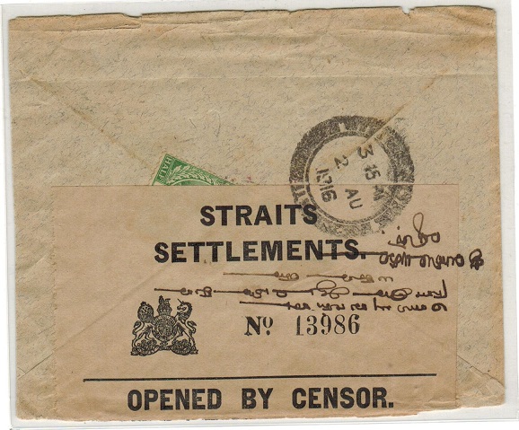 SINGAPORE - 1916 inward cover from India with STRAITS SETTLEMENTS censor label applied.