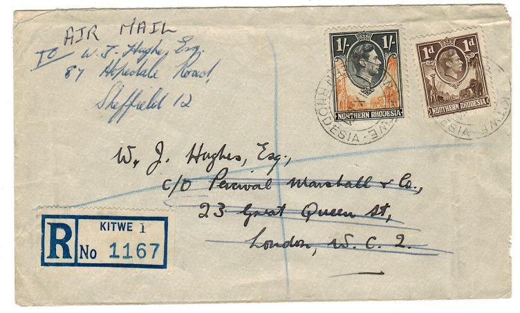 NORTHERN RHODESIA - 1951 rate 1/1d registered cover to UK used at KITWE.