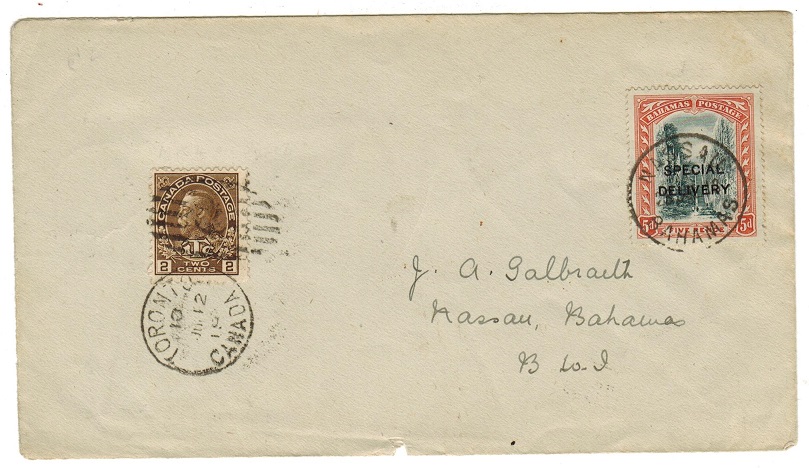 BAHAMAS - 1918 inward combination cover with Canada 2c and 5d SPECIAL DELIVERY adhesive.