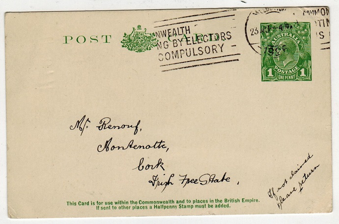 AUSTRALIA - 1924 1d PSC to Ireland used at MELBOURNE.  H&G 25.