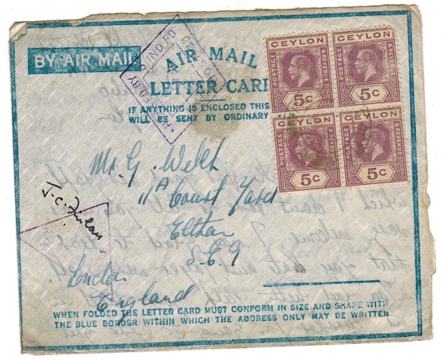 CEYLON - 1942 (circa) use of censored FORMULA AIR MAIL/LETTER CARD by troops in Ceylon.
