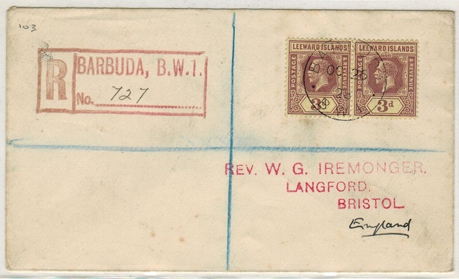 BARBUDA - 1928 registered cover to UK with Leeward ISLAND 3d pair used at BARBUDA.