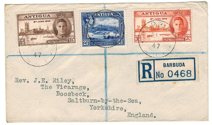 BARBUDA - 1947 registered cover to UK used at BARBUDA.