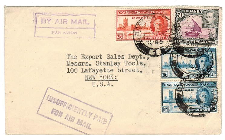 K.U.T. - 1946 INSUFFICIENTLY PAID handstamped cover to USA.