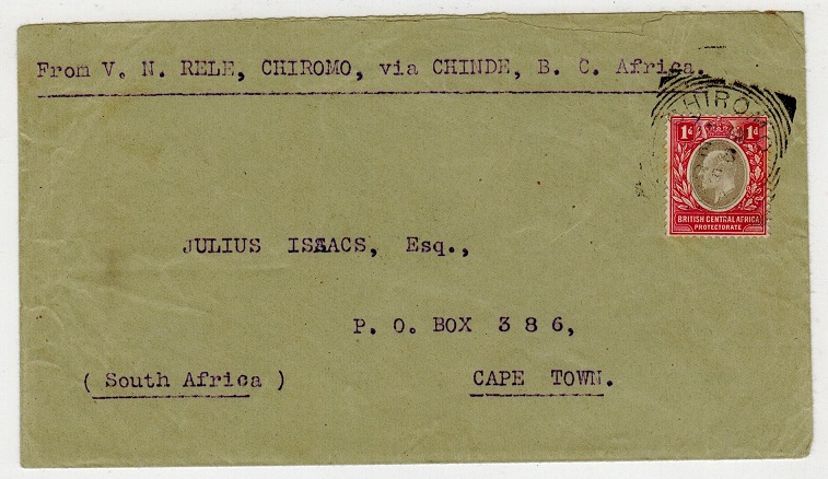 NYASALAND - 1905 1d rate cover to Cape Town used at CHIROMO.