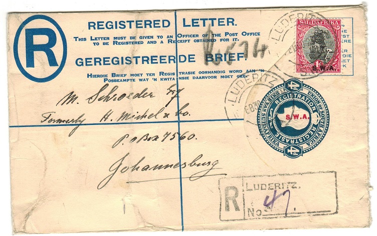 SOUTH WEST AFRICA - 1928 4d RPSE to Johannesburg used from LUDERITZ.  H&G 10.