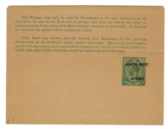 SOUTH WEST AFRICA - 1923 1/2d green unused postal stationery wrapper.  H&G 1.