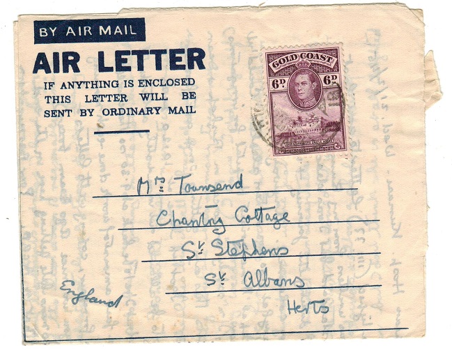 GOLD COAST - 1945 use of FORMULA air letter to UK used at KUMASI.