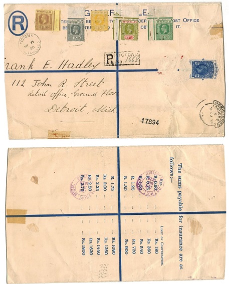 SEYCHELLES - 1916 20c RPSE used to USA (faults) used at VICTORIA.  H&G 3a.
