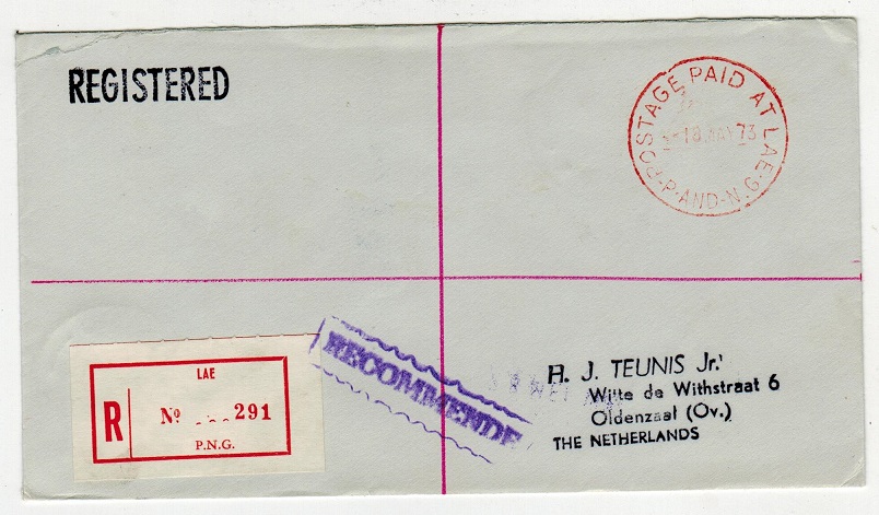 PAPUA NEW GUINEA - 1973 POSTAGE PAID AT LAE registered cover to Netherlands.