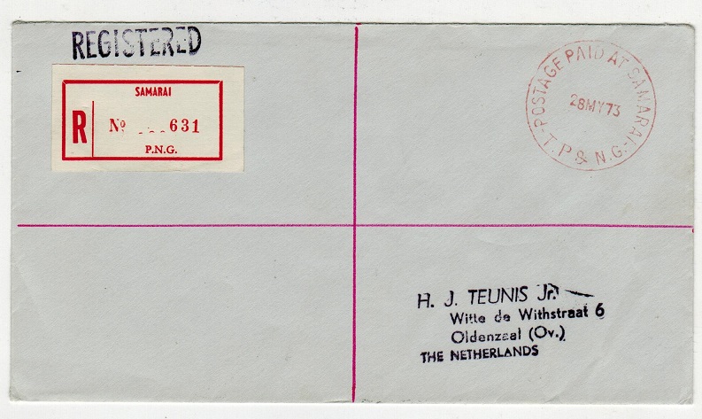 PAPUA NEW GUINEA - 1973 POSTAGE PAID AT SAMARAI registered cover to Netherlands.