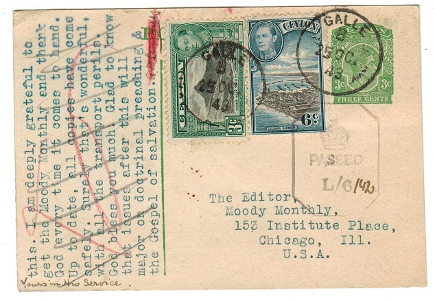 CEYLON - 1939 3c green PSC uprated and censored to USA.  H&G 70.