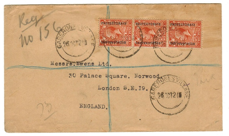 BECHUANALAND - 1921 registered cover to UK with 2d strip of three tied GABERONES VILLAGE.